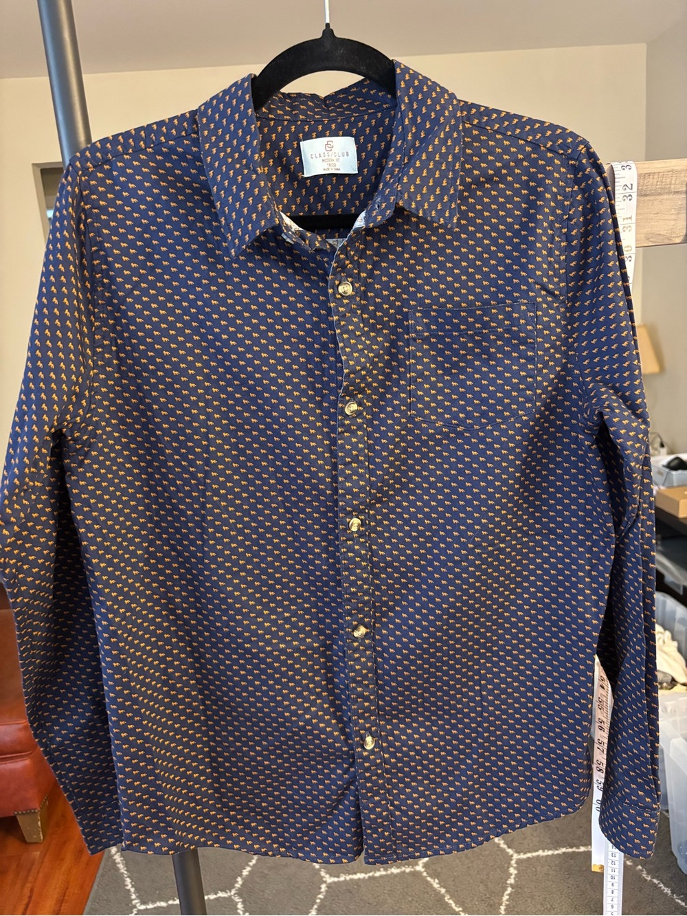 Class Club Navy Button-Up Shirt with orange foxes.  18/20